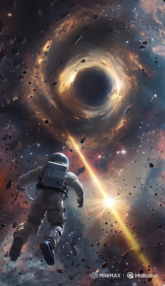 Astronaut's Dance Amidst a Black Hole's Beauty – AI Generated Video | Hailuo AI