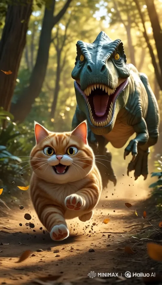 Enchanted Forest Chase: Cat vs. T-Rex – AI Generated Video | Hailuo AI