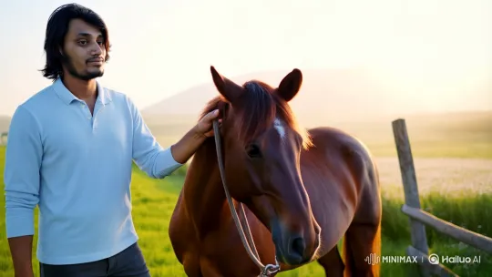 Man and Horse in Serene Meadow at Dawn – AI Generated Video | Hailuo AI