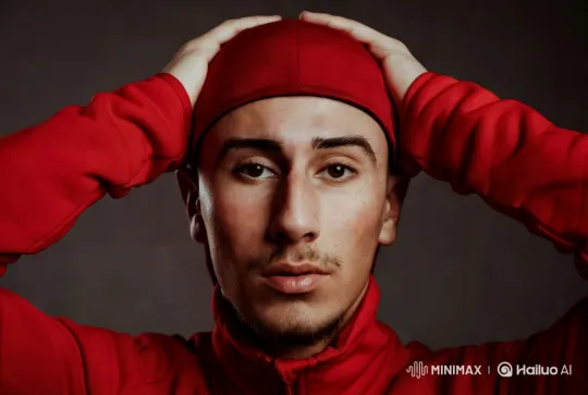 Vibrant Red Attire: Dynamic Close-Up with Contrasting Aesthetic – AI Generated Video | Hailuo AI