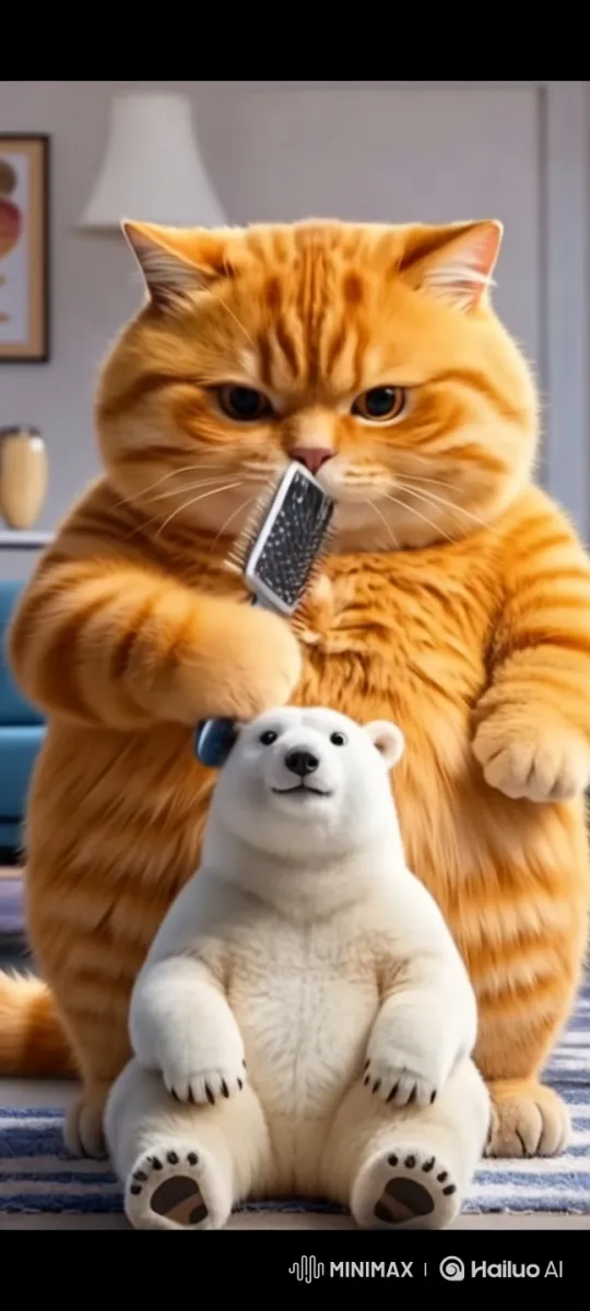 Cozy Living Room: Cat Grooms Polar Bear – AI Generated Video | Hailuo AI
