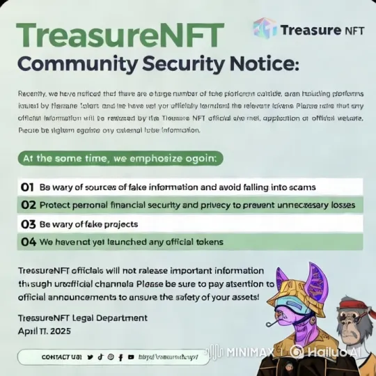 TreasureNFT Warns of Fake Platforms and Promotes Official Channels – AI Generated Video | Hailuo AI