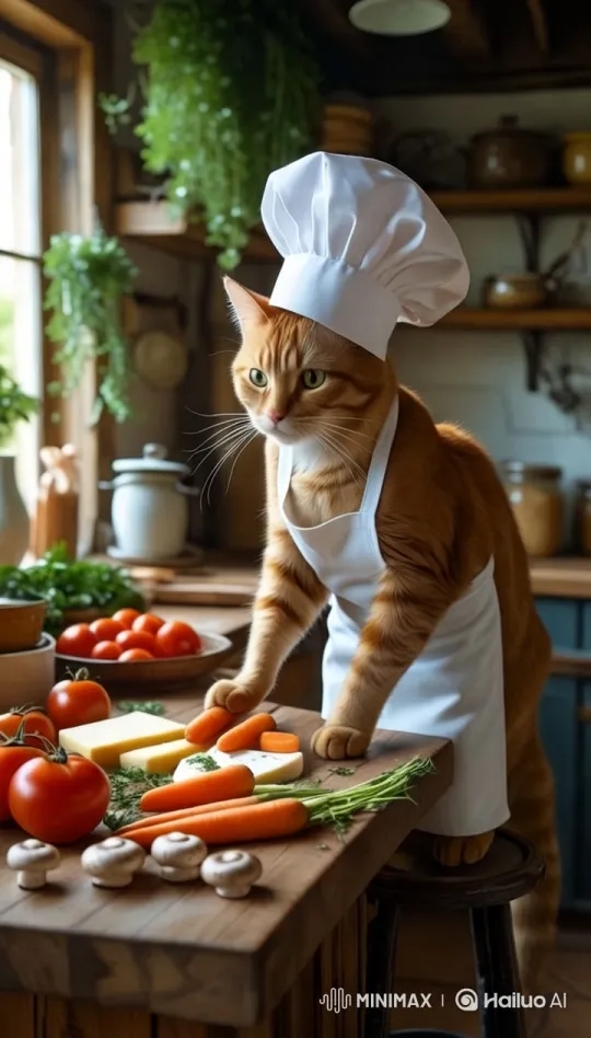 Cat Chef Prepares Meal in Rustic Kitchen – AI Generated Video | Hailuo AI