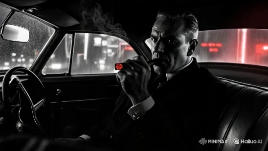 Noir Scene: Scarred Man in Rain-Lit Car – AI Generated Video | Hailuo AI