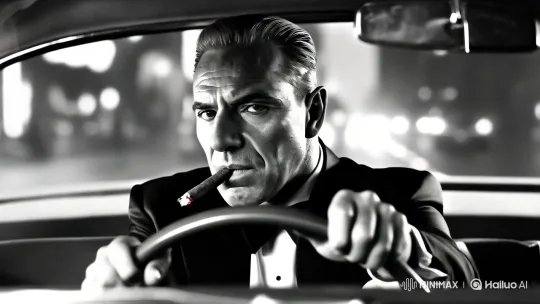 Vintage Car Driver in Intense Neo-Noir Scene – AI Generated Video | Hailuo AI