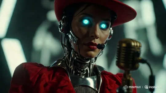 Neo-Noir Chrome Robot Anchor in High-Contrast Cinematic Scene – AI Generated Video | Hailuo AI