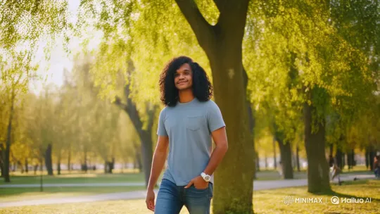 Man Smiles and Laughs in Sunlit Park – AI Generated Video | Hailuo AI
