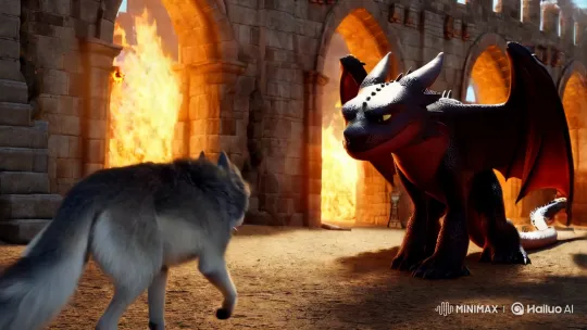 Title: "Dragon Protects Wolf Amidst Ruined Castle Fire" – AI Generated Video | Hailuo AI