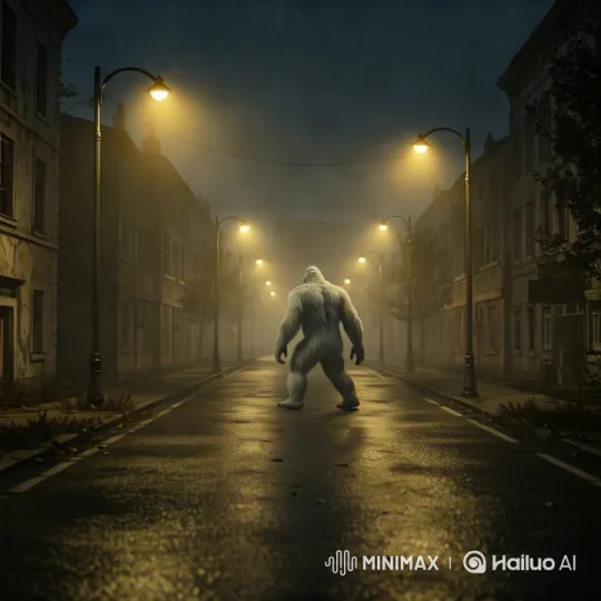Mysterious Yeti Crosses Deserted Street at Night – AI Generated Video | Hailuo AI