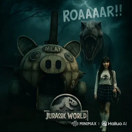Suspenseful Chase: Girl, Pig Machine, Roaring T-Rex – AI Generated Video | Hailuo AI