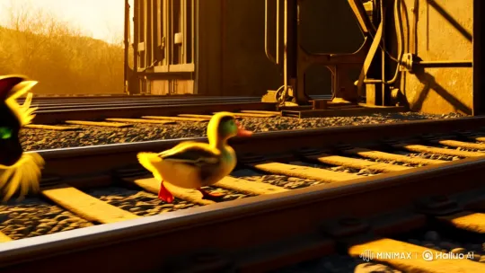 Rescue of a Duckling by a Cat in a Sunlit Train Yard – AI Generated Video | Hailuo AI