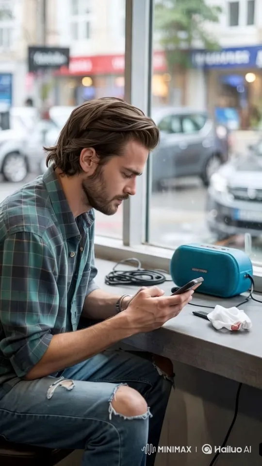 Man Interacts with Speaker, Street View in Background – AI Generated Video | Hailuo AI