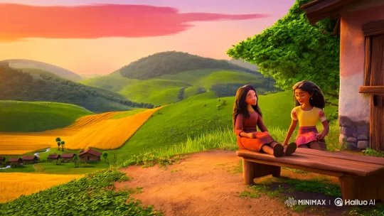 Golden Light Bonds: Sisters Share Serenity on a Bench – AI Generated Video | Hailuo AI