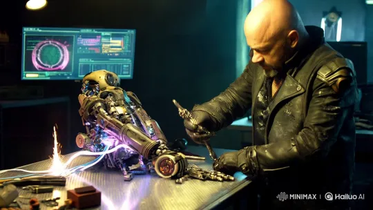 Cyberpunk Mechanic Repairs Robot in Futuristic Workshop – AI Generated Video | Hailuo AI