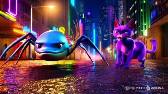 Surreal Night Battle: Dolphin-Headed Spider vs. Purple Cat – AI Generated Video | Hailuo AI