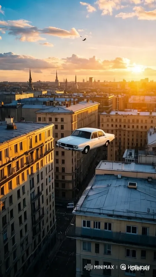Surreal Floating Car in Sunset Cityscape – AI Generated Video | Hailuo AI