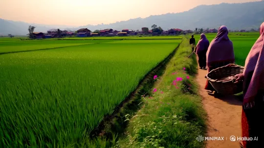 Rural Serenity: Farmers Amidst Lush Paddy Fields – AI Generated Video | Hailuo AI