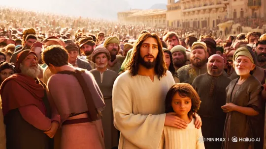 Jesus and Child in Bustling Square – AI Generated Video | Hailuo AI