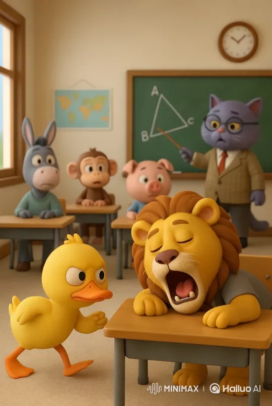 Cautious Duck Approaches Sleeping Lion in Cartoon Classroom – AI Generated Video | Hailuo AI