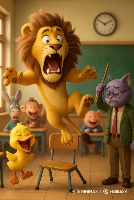 Chaos in Classroom: Lion's Flight, Duck's Laughter, Teacher's Frustration – AI Generated Video | Hailuo AI