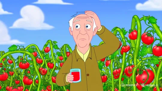Old Farmer Ponders in Whimsical Tomato Garden – AI Generated Video | Hailuo AI