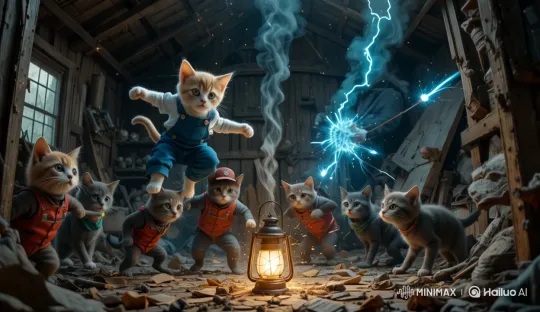 Feline Heroes Battle Shadowy Figure in High-Res Shed Showdown – AI Generated Video | Hailuo AI