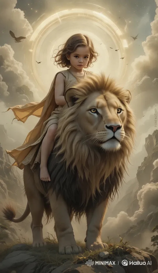 Child and Lion: A Majestic Harmony on Mountain Peaks – AI Generated Video | Hailuo AI