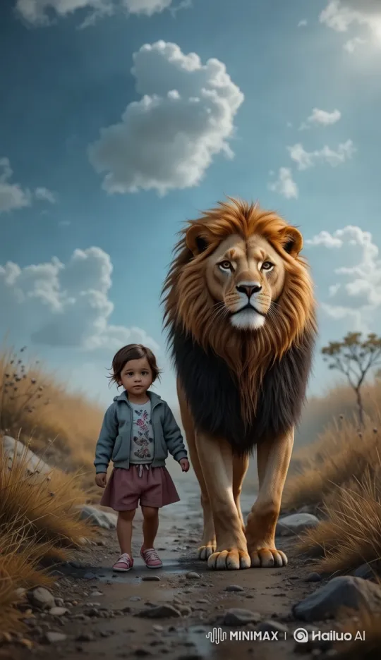 Child and Lion Walk in Harmony, Captured by Tracking Shot – AI Generated Video | Hailuo AI