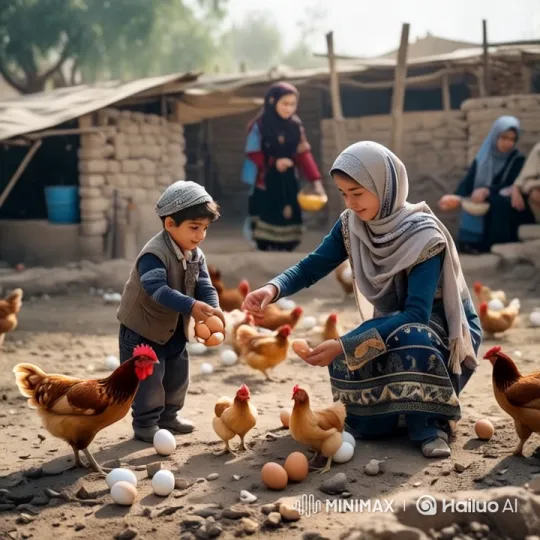 Traditional Rural Life: Woman, Child, and Chickens – AI Generated Video | Hailuo AI