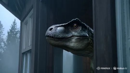 Velociraptor Stalks Cabin Through Fog in Suspenseful Scene – AI Generated Video | Hailuo AI