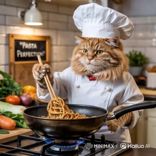 Ginger Cat Chef Cooks Pasta in Professional Kitchen – AI Generated Video | Hailuo AI