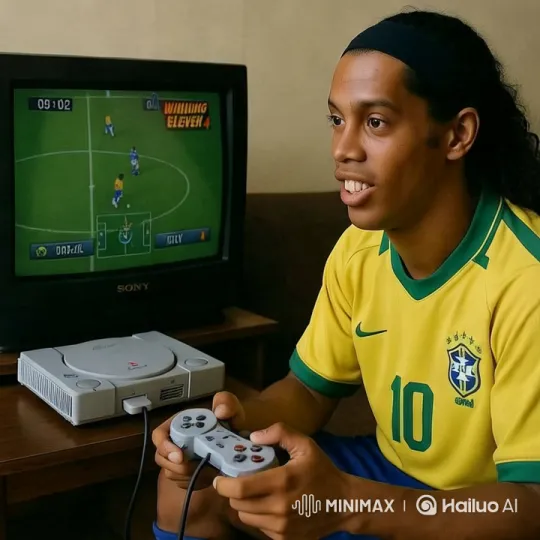 Young Man Enjoys Retro Soccer Videogame on PlayStation – AI Generated Video | Hailuo AI