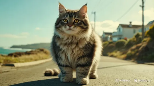 Whiskers the Giant Kitten Strolls on Coastal Road – AI Generated Video | Hailuo AI