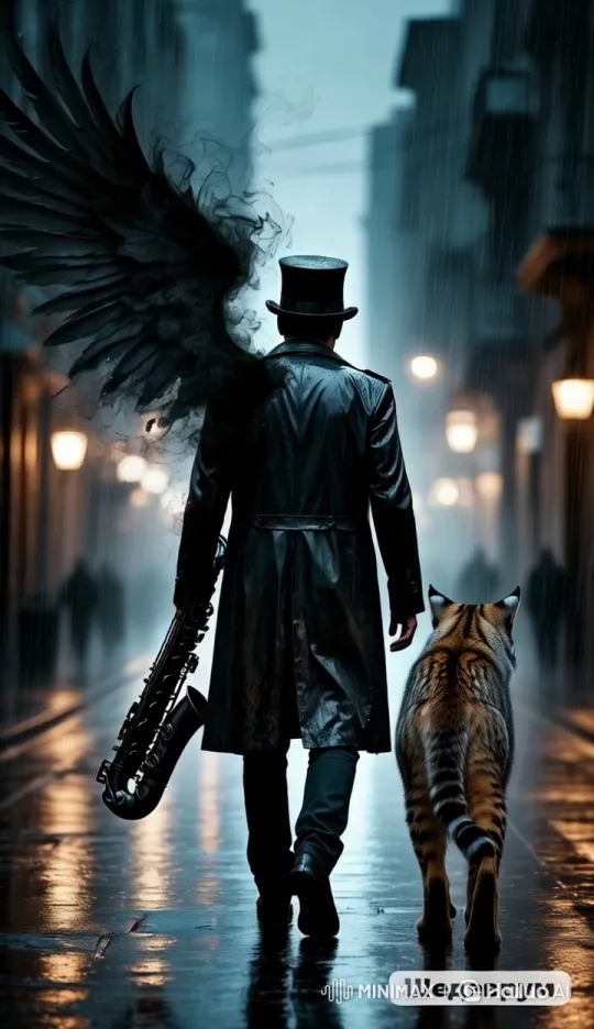 Man with Wings and Tiger on Rainy Street – AI Generated Video | Hailuo AI