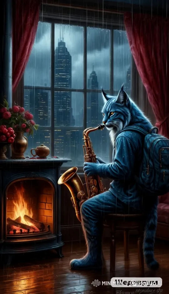 Anthropomorphic Cat Plays Saxophone in Cozy Night Cityscape – AI Generated Video | Hailuo AI