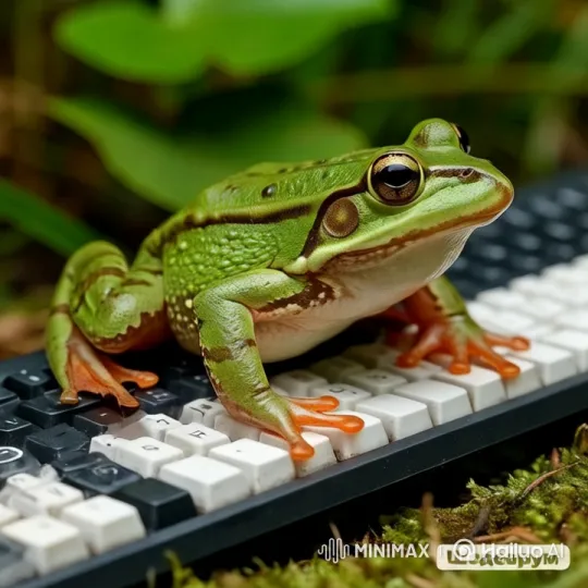Frog Leaps on Keyboard Amidst Lush Nature – AI Generated Video | Hailuo AI