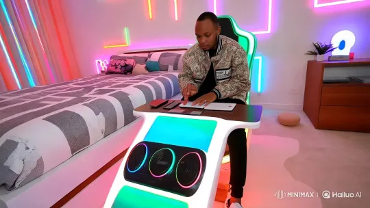 Neon-Themed Bedroom with High-Tech Lounge Chair – AI Generated Video | Hailuo AI