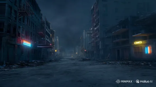 Eerie Urban Landscape: Tactical Figure Amidst Decay – AI Generated Video | Hailuo AI