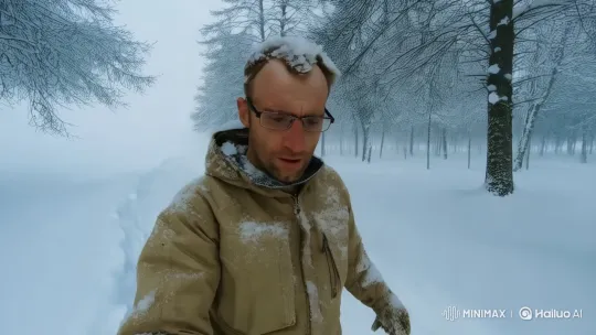 Man Endures Snowy Storm in Sauerland Forest – AI Generated Video | Hailuo AI
