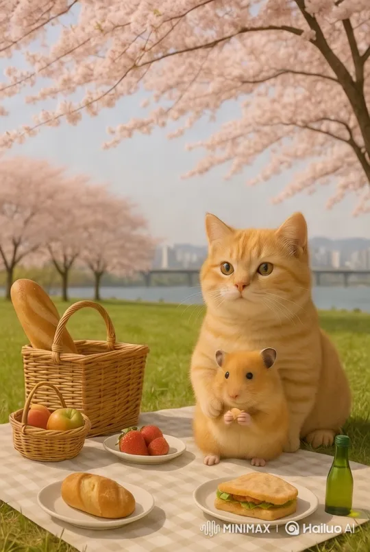 Cat and Hamster Enjoy Peaceful Picnic Under Cherry Blossoms – AI Generated Video | Hailuo AI