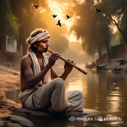 Village Man Playing Flute by River at Sunset – AI Generated Video | Hailuo AI