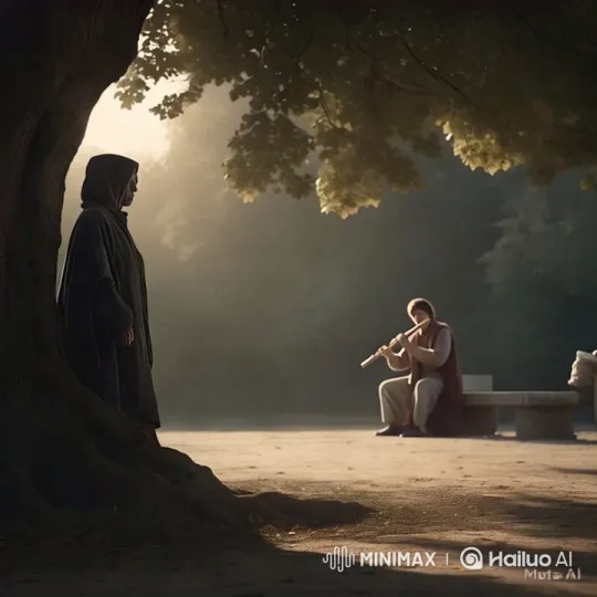 Curious Woman Watches Peaceful Flute Player in Serene Forest – AI Generated Video | Hailuo AI