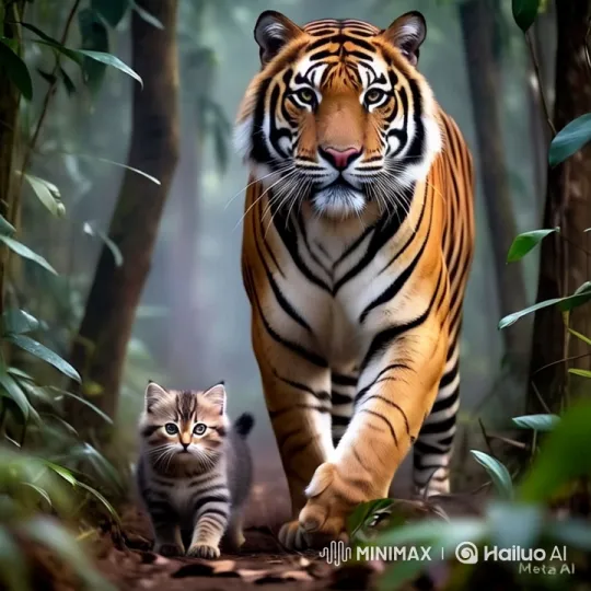 Majestic Tiger and Kitten Walk Through Misty Forest – AI Generated Video | Hailuo AI