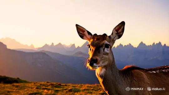 Sunset Serenity: Deer Amid Majestic Mountains – AI Generated Video | Hailuo AI