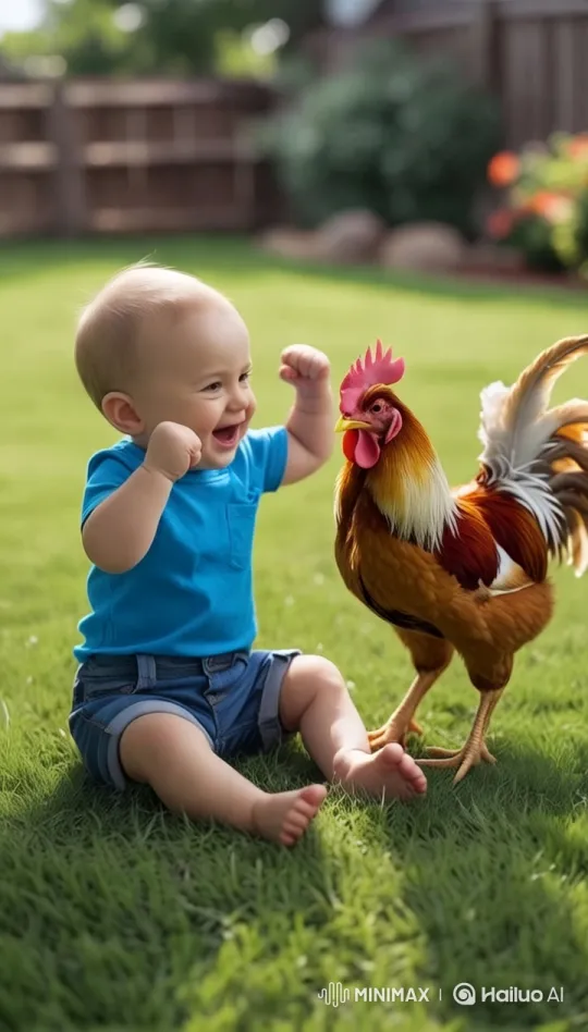 Baby and Rooster's Playful Interaction in Sunny Backyard – AI Generated Video | Hailuo AI