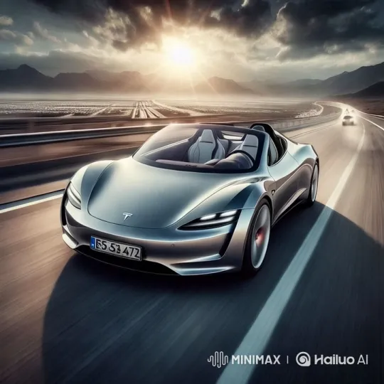 Sleek Tesla Roadster Showcases Aerodynamics on Dramatic Sunset Drive – AI Generated Video | Hailuo AI