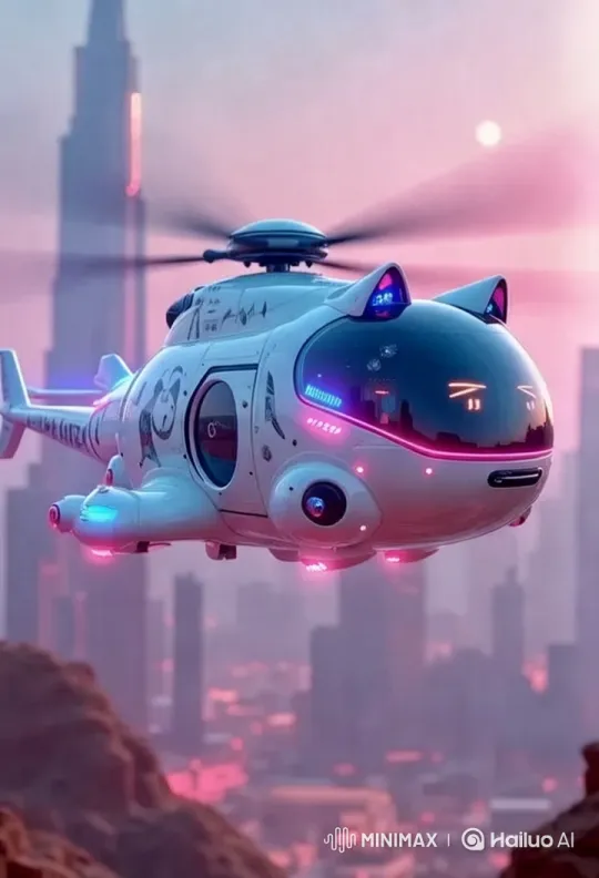 Futuristic Helicopter Glides Through Pastel Cityscape – AI Generated Video | Hailuo AI