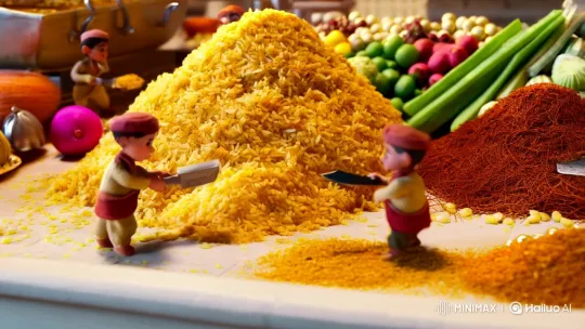 Miniature Workers Craft Biryani in Vibrant Kitchen – AI Generated Video | Hailuo AI
