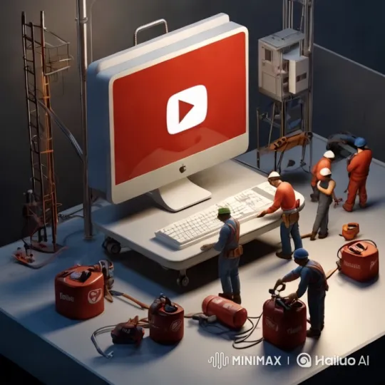 Mini Workers Craft Giant Realistic YouTube Logo – AI Generated Video | Hailuo AI