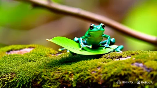 Vibrant Green Frog Plays Leaf Like Guitar in Verdant Scene – AI Generated Video | Hailuo AI